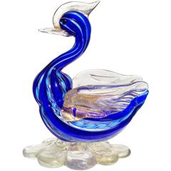 Murano Blue Ribbons Gold Flecks Italian Art Glass Bird Figurine 11