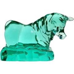 Seguso Vetri d'Arte Murano Green Italian Art Glass Taurus Bull Sculpture 1