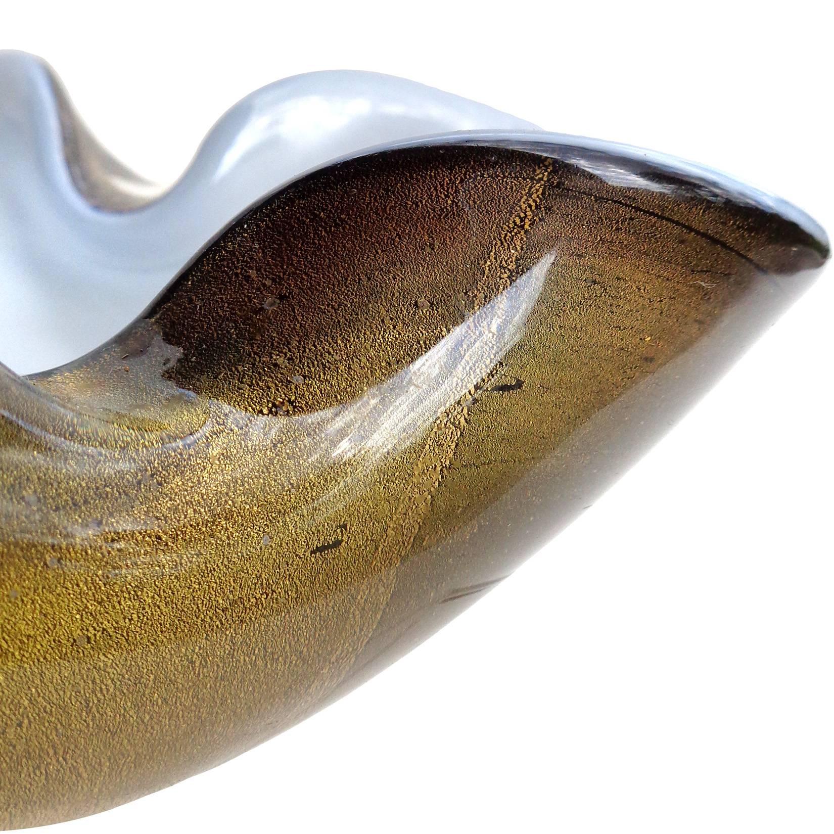 Mid-Century Modern Murano Pearl White Iridescent Black Gold Flecks Italian Art Glass Bowl
