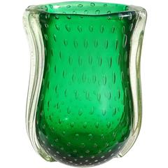 Barovier Toso Murano Green Iridescent Gold Flecks Italian Art Glass Vase 10