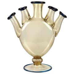 Martinuzzi Venini Murano Antique Soffiato Blue Trim Italian Art Glass Vase 9