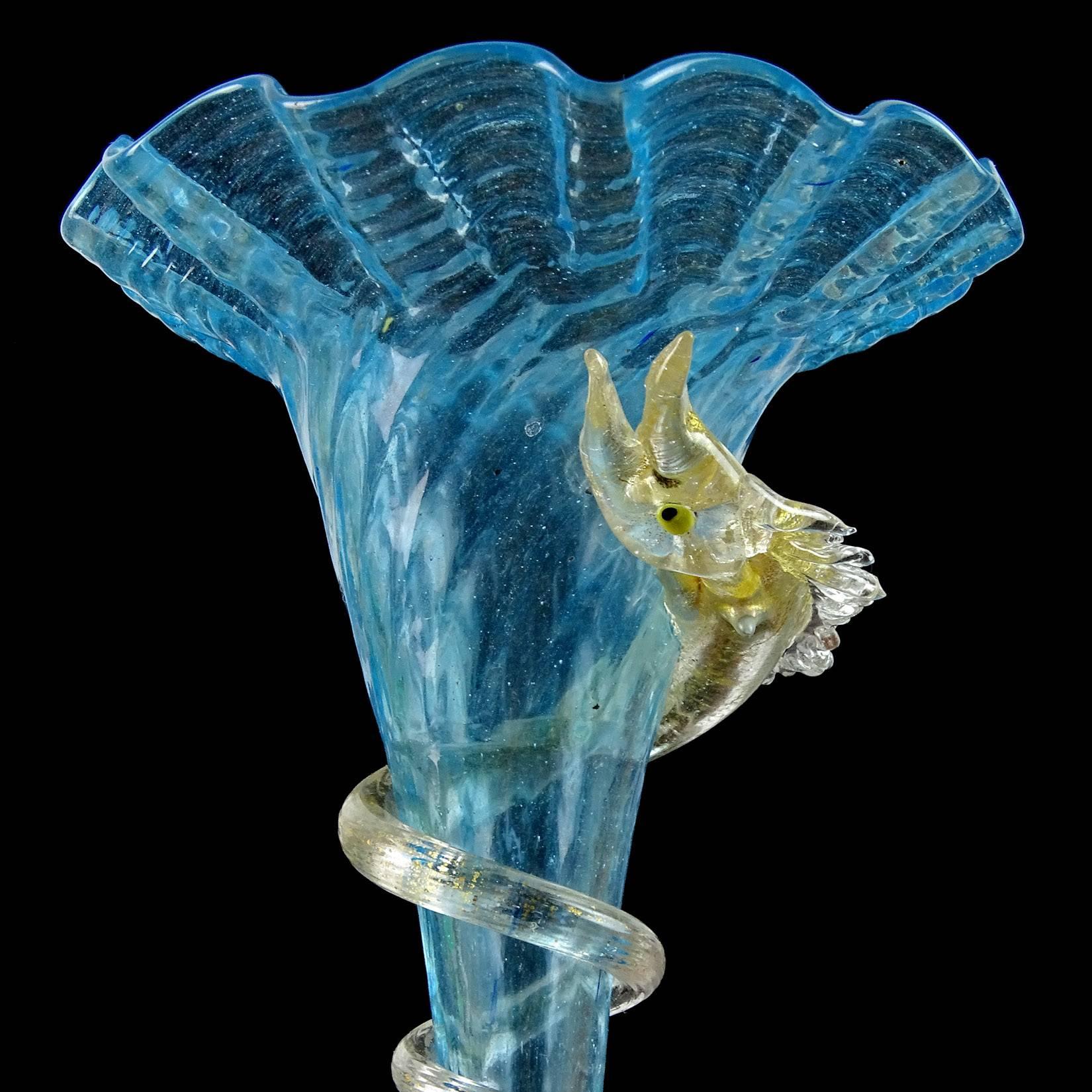 Early Victorian Salviati Venetian Blue Gold Flecks Sea Serpent Dragon Italian Art Glass Vase