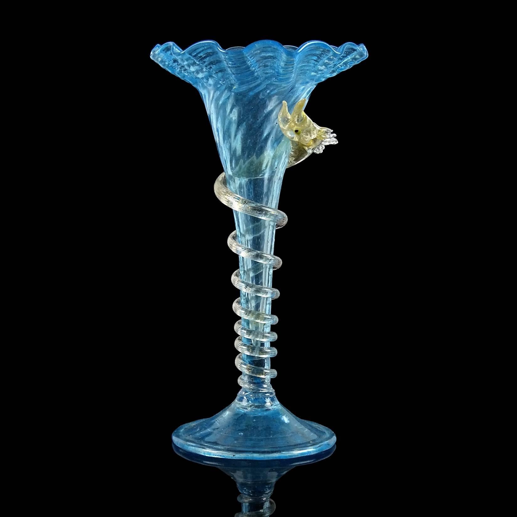 Rare antique Venetian blue with gold flecks Italian art glass sea serpent / dragon vase. Attributed to the Salviati Dott. company, 1875-1900. Elegant and delicate piece with ruffle rim. Measures 7" tall.