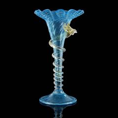 Salviati Venetian Blue Gold Flecks Sea Serpent Dragon Italian Art Glass Vase