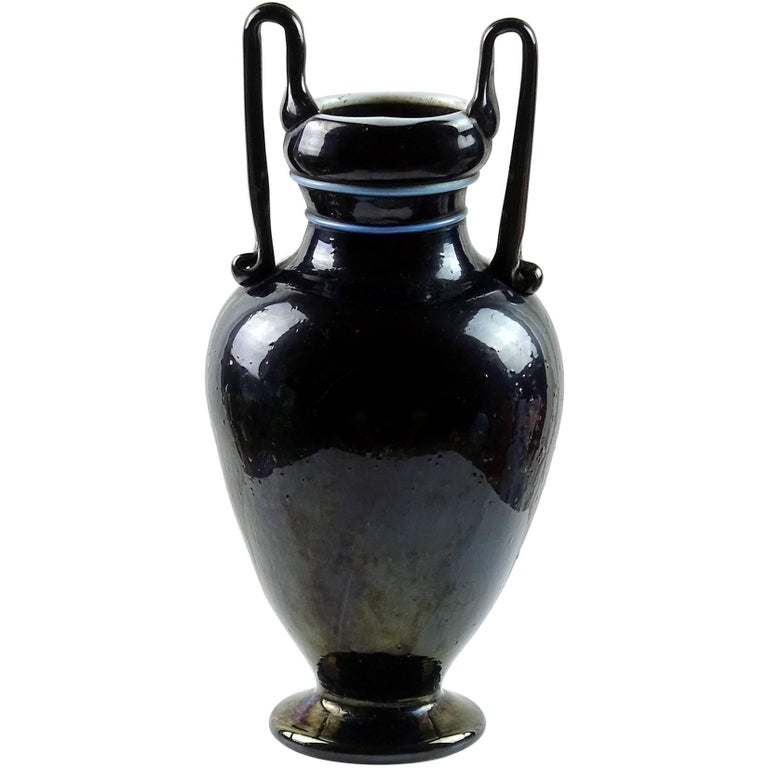 Antique Murano Metallic Black Iridescent Italian Art Glass Double