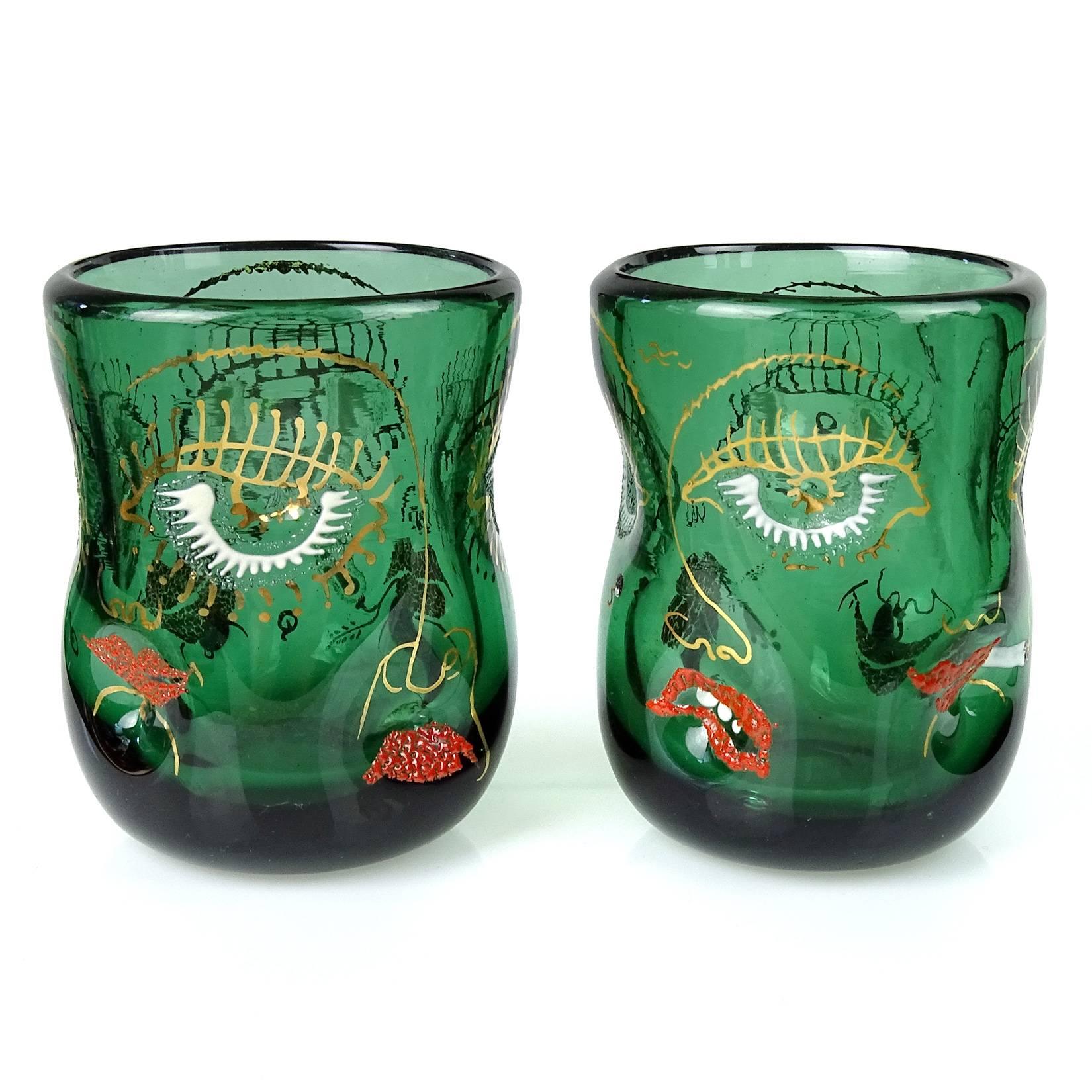 Free shipping worldwide! See details below description.

Very rare set of six Murano hand blown dark green Italian art glass drinking glasses with enamel and gold gilt 