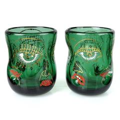 Anzolo Fuga Murano Groteske Emaille Vier Gesicht Italienische Kunst Glas Becher Set