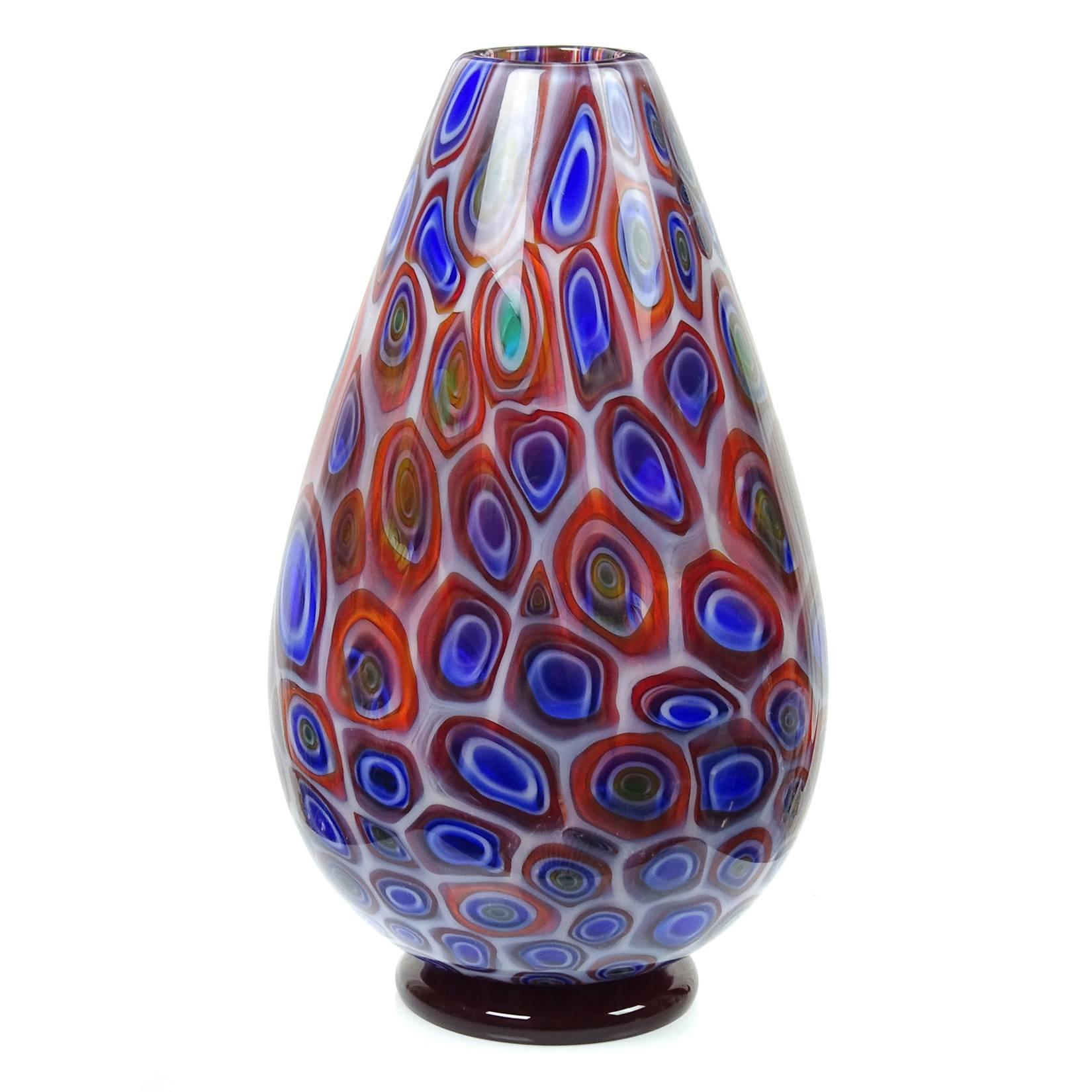 Mid-Century Modern Vistosi Murano Opal Bullseye Murrines Italian Art Glass Flower Vase, Signed