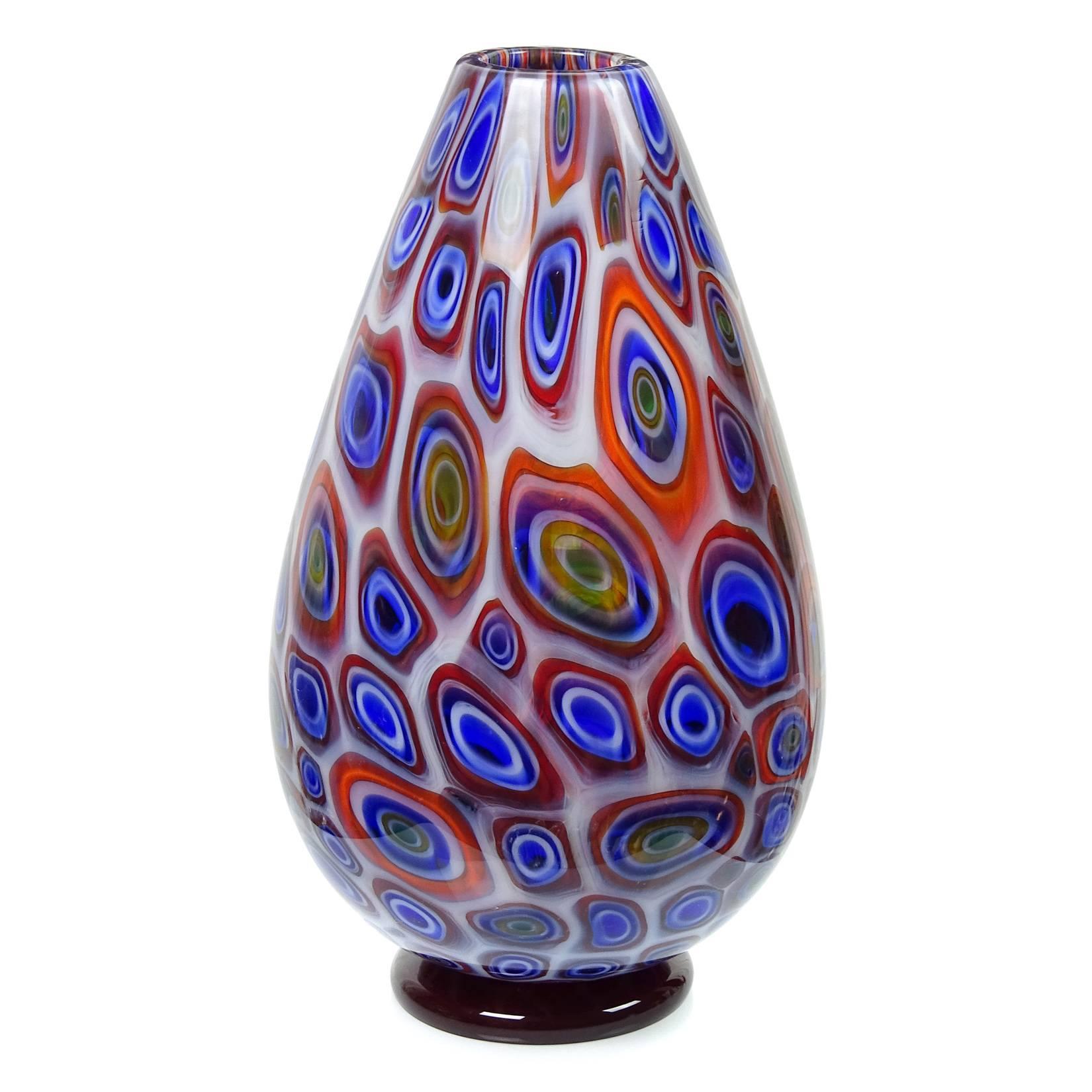 Vistosi Murano Opal Bullseye Murrines Italian Art Glass Flower Vase, Signed