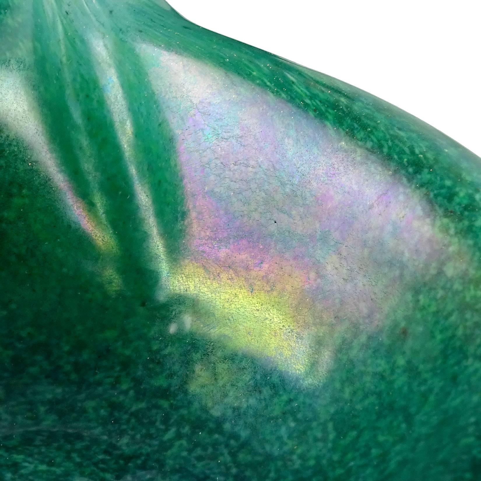 Rare Murano hand blown green iridescent Italian art glass bird shaped bowl. Documented to designer Ercole Barovier for Barovier e Toso, in the Eugenio technique. Measures 7 1/2" long.
