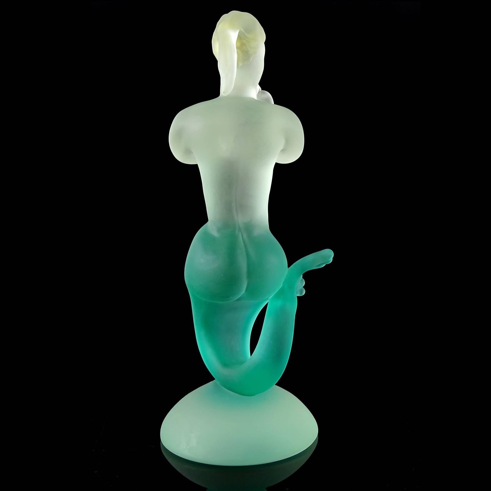 Murano Green Sommerso Satin Surface Italian Art Glass Mermaid Sculpture In Excellent Condition In Kissimmee, FL