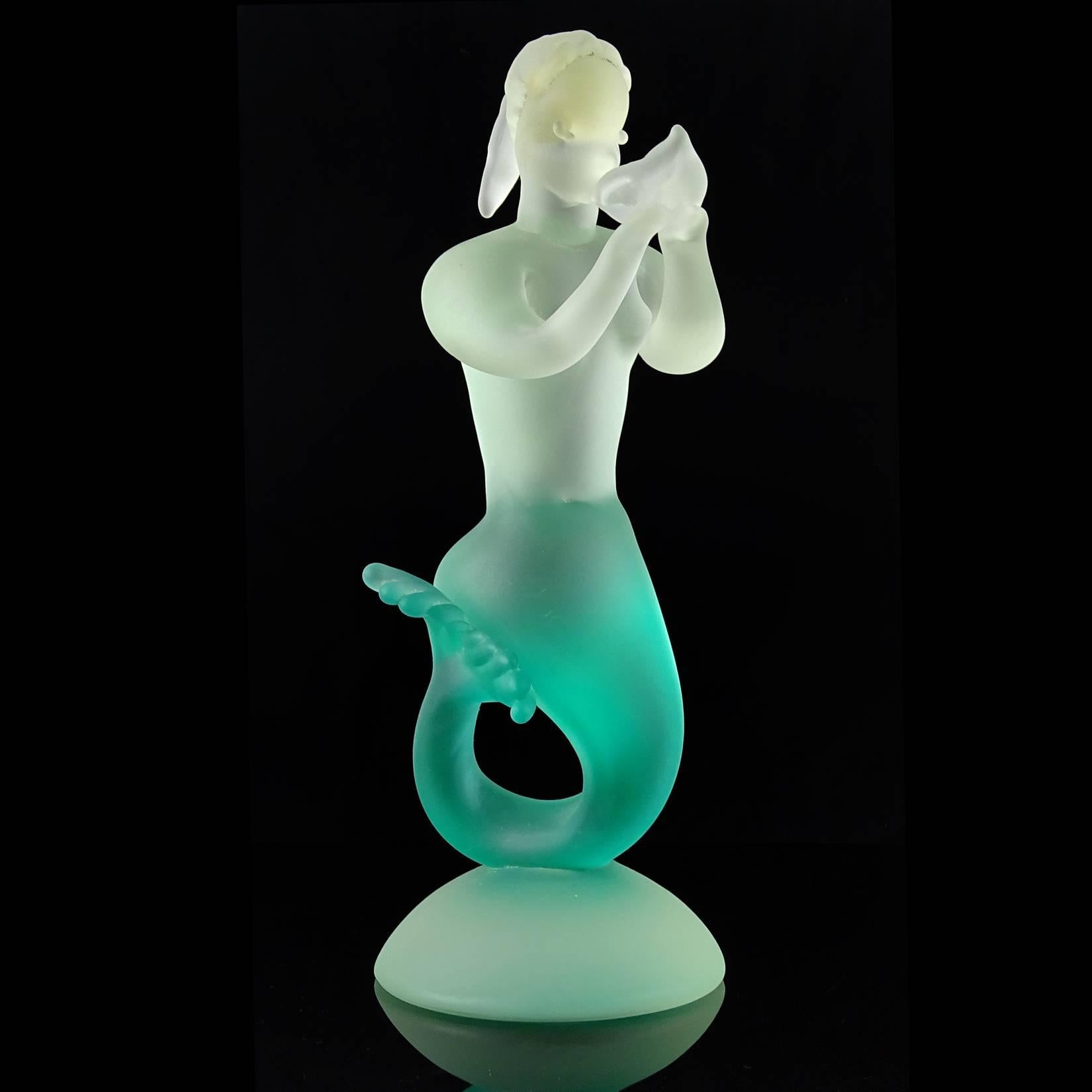 Mid-Century Modern Murano Green Sommerso Satin Surface Italian Art Glass Mermaid Sculpture