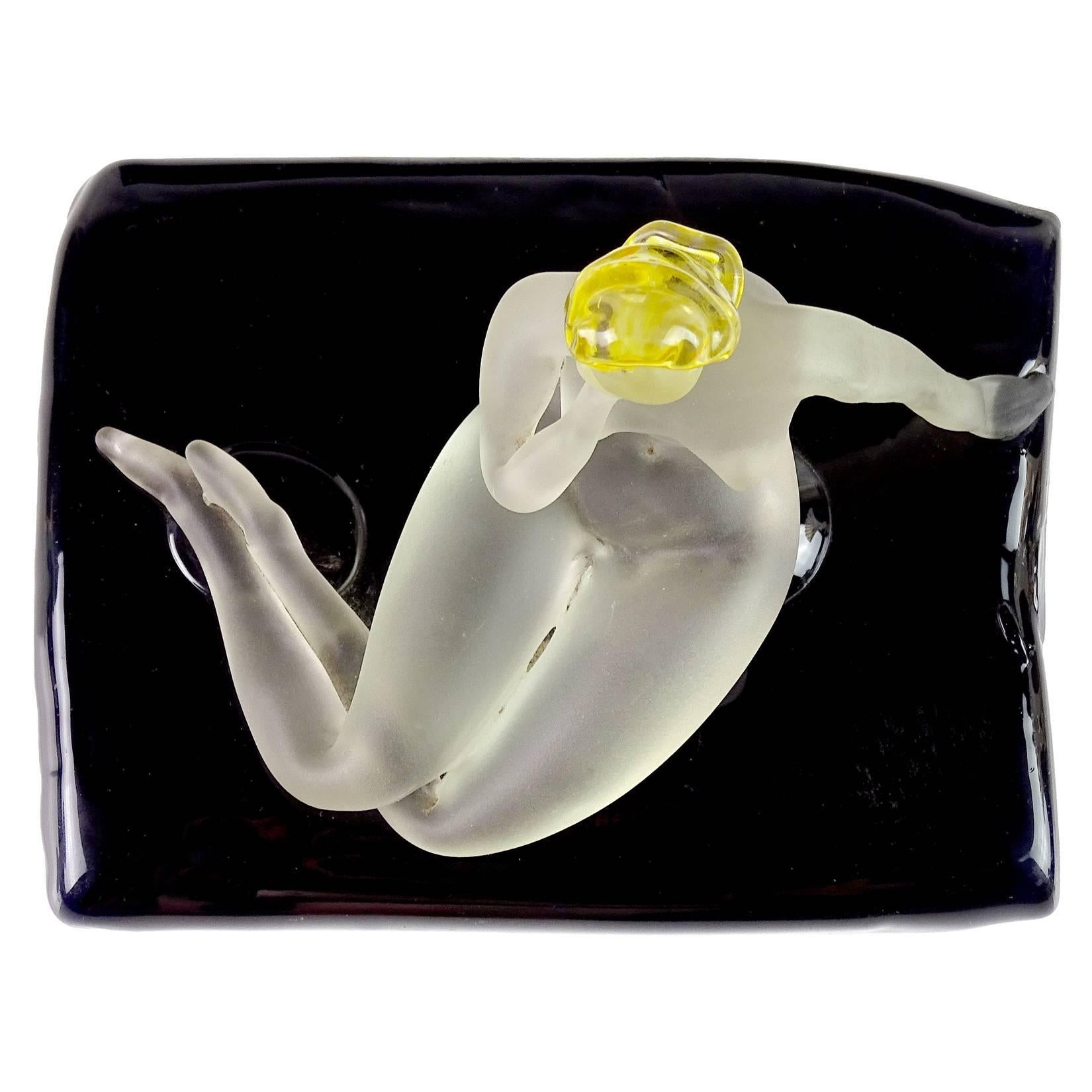 Very rare Murano handblown satin Italian art glass nude woman figure on base. Attributed to the Barovier Seguso Ferro company, circa 1930s. Incredibly detailed figure study. Has soft white skin with bright blond hair. Similar piece is illustrated on