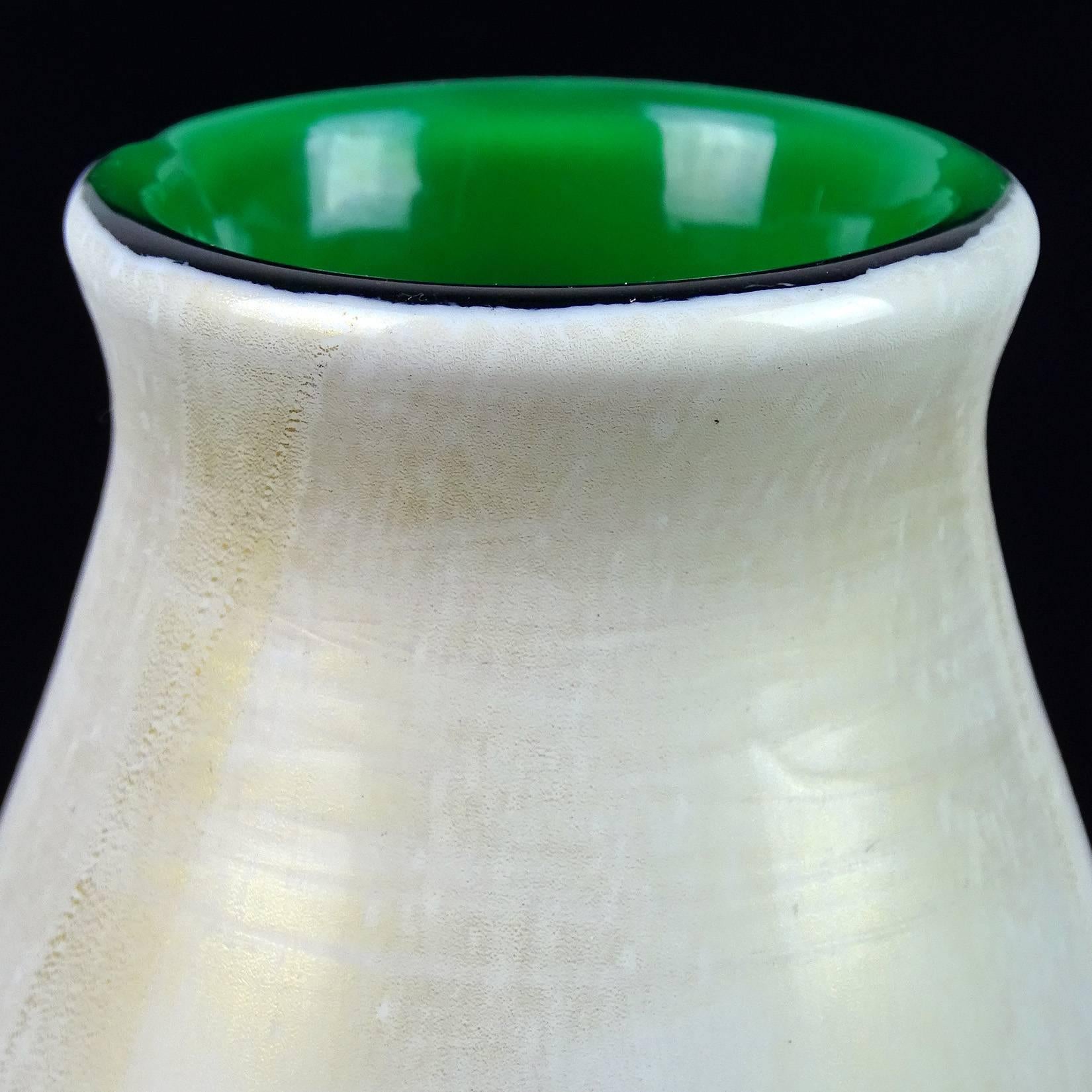Mid-Century Modern Murano White Gold Flecks Green Italian Art Glass Flower Vase