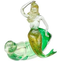 Murano Iridescent, Green, Gold Flecks Italian Art Glass Mermaid Sculpture