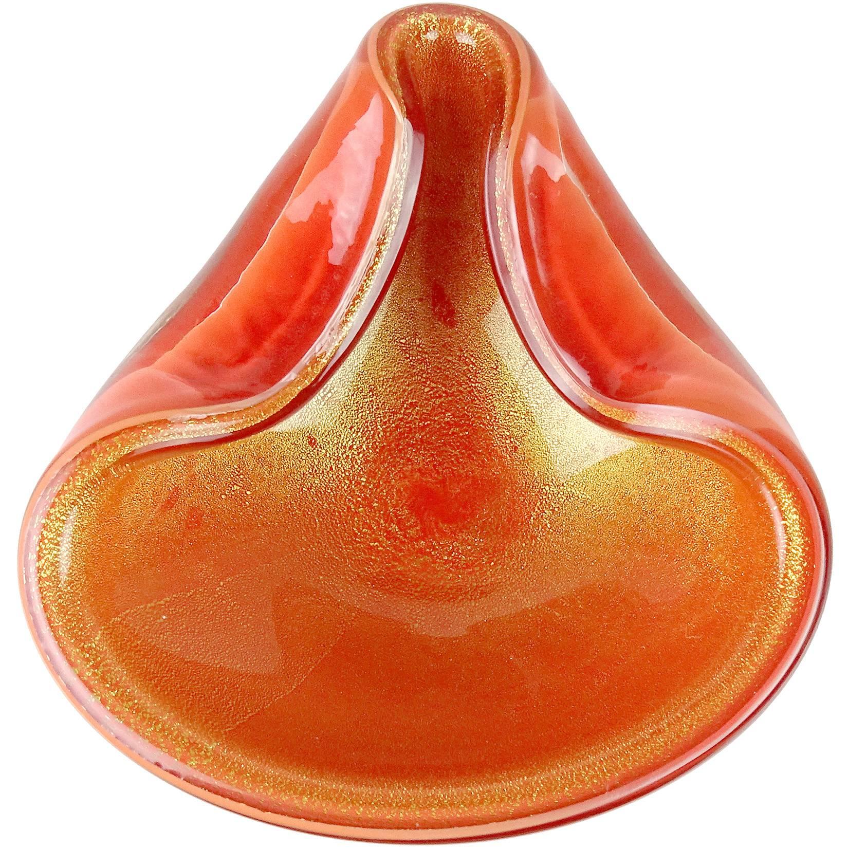 Alfredo Barbini Murano Orange Gold Flecks Italian Art Glass Bowl Dish