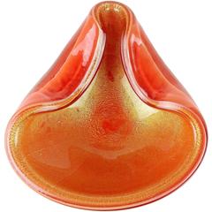 Alfredo Barbini Murano Orange Gold Flecks Italian Art Glass Bowl Dish