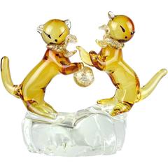 Murano Golden Amber Gold Flecks Italian Art Glass Double Kitty Cat Sculpture 11