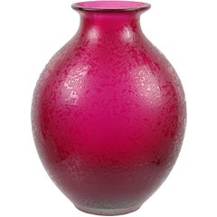 Flavio Poli Murano Fuchsia Red Corroso Surface Italian Art Glass Flower Vase 9