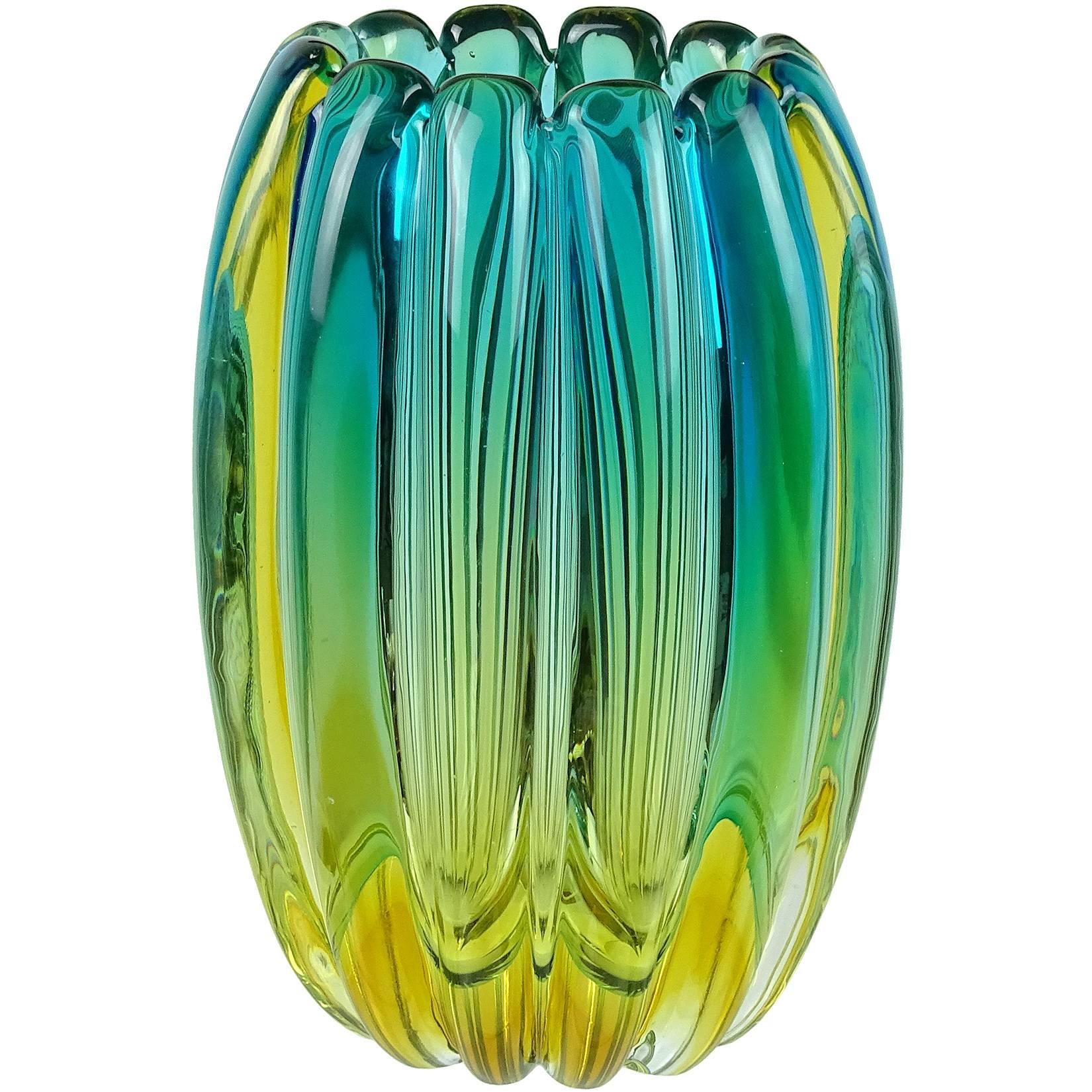 Alfredo Barbini Murano Sommerso Blue Green Ribbed Italian Art Glass Vase