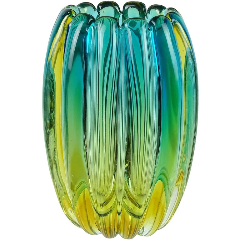 Alfredo Barbini Murano Sommerso Blue Green Ribbed Italian Art Glass