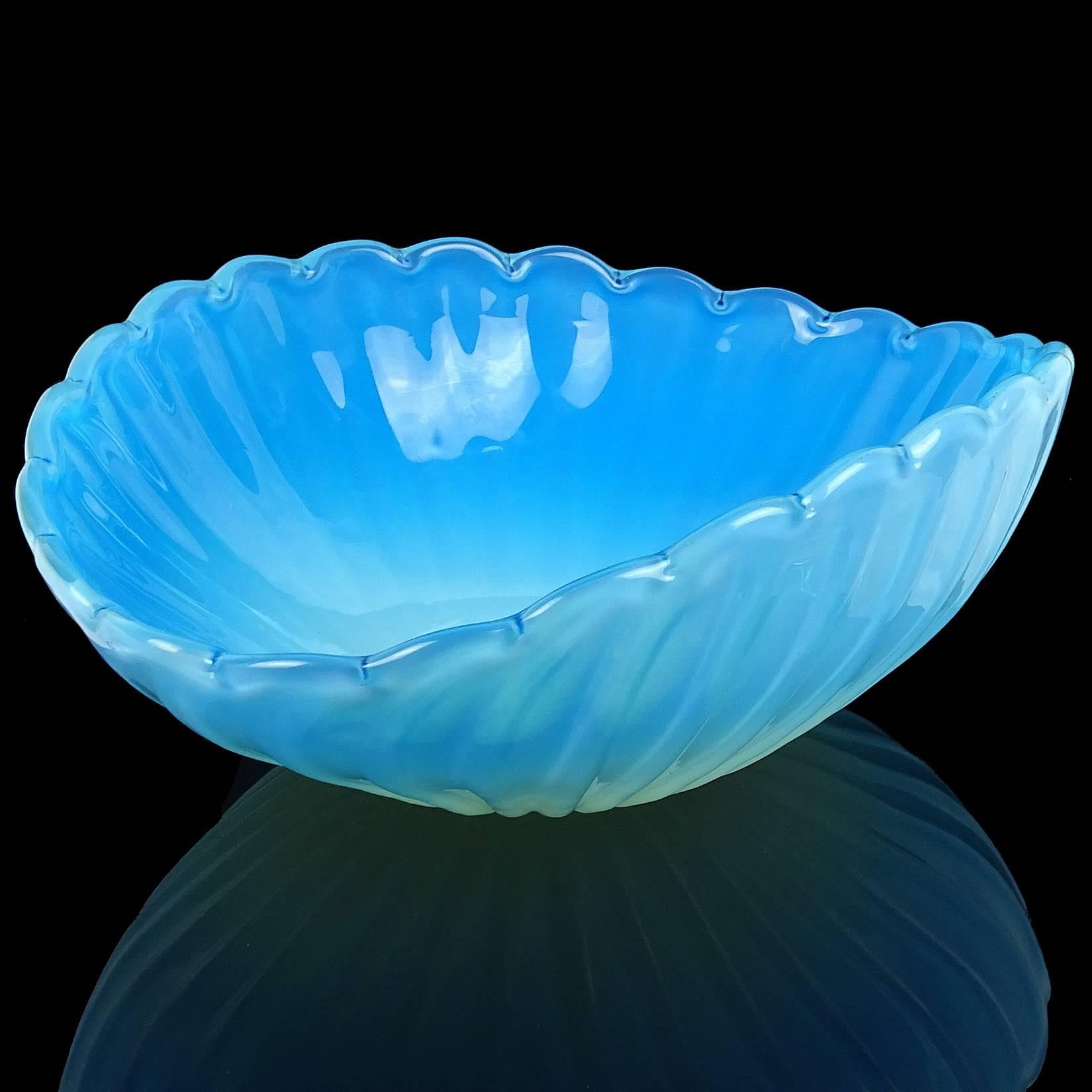 Mid-Century Modern Murano Opalescent White Blue Italian Art Glass Shell Shape Centerpiece Bowl