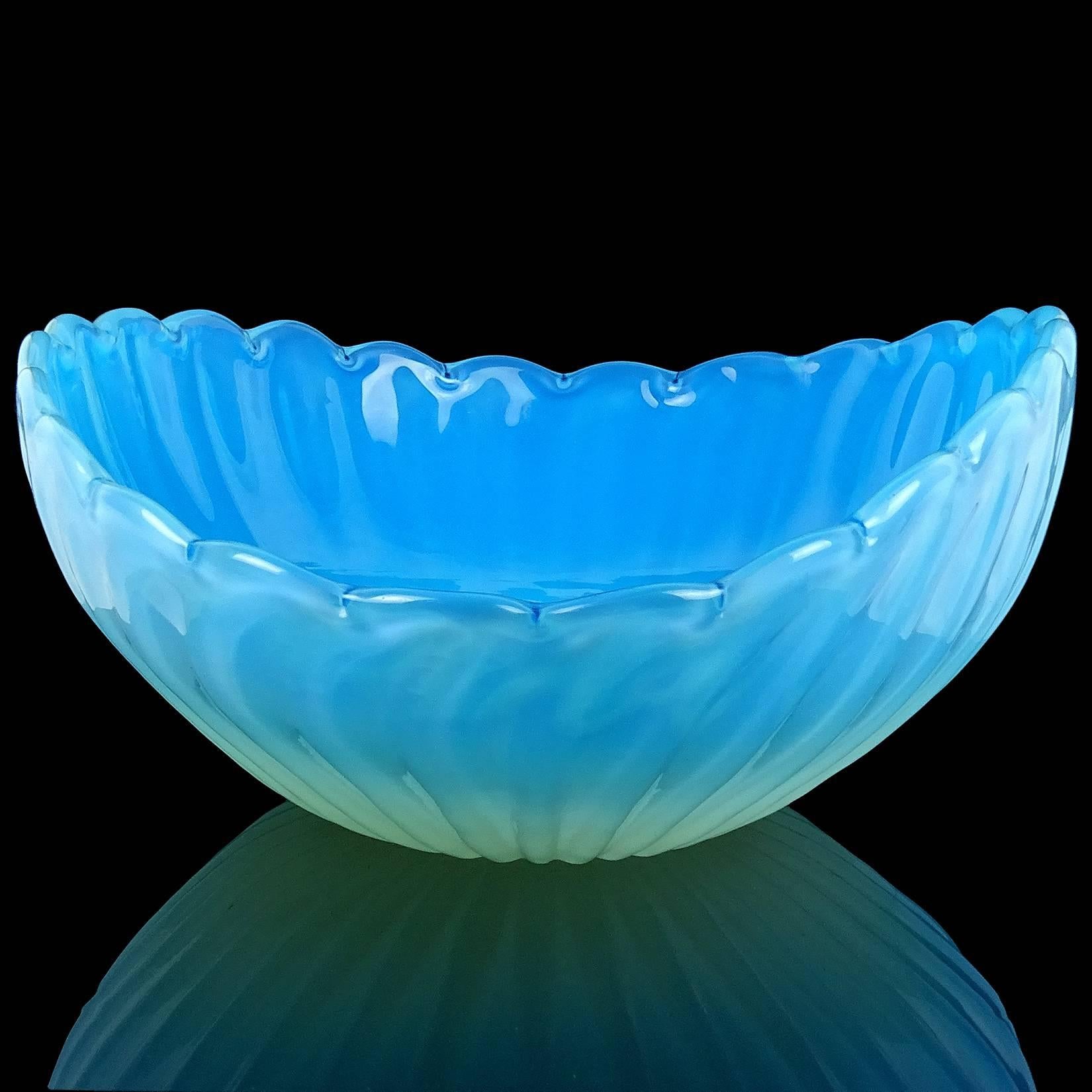 Hand-Crafted Murano Opalescent White Blue Italian Art Glass Shell Shape Centerpiece Bowl