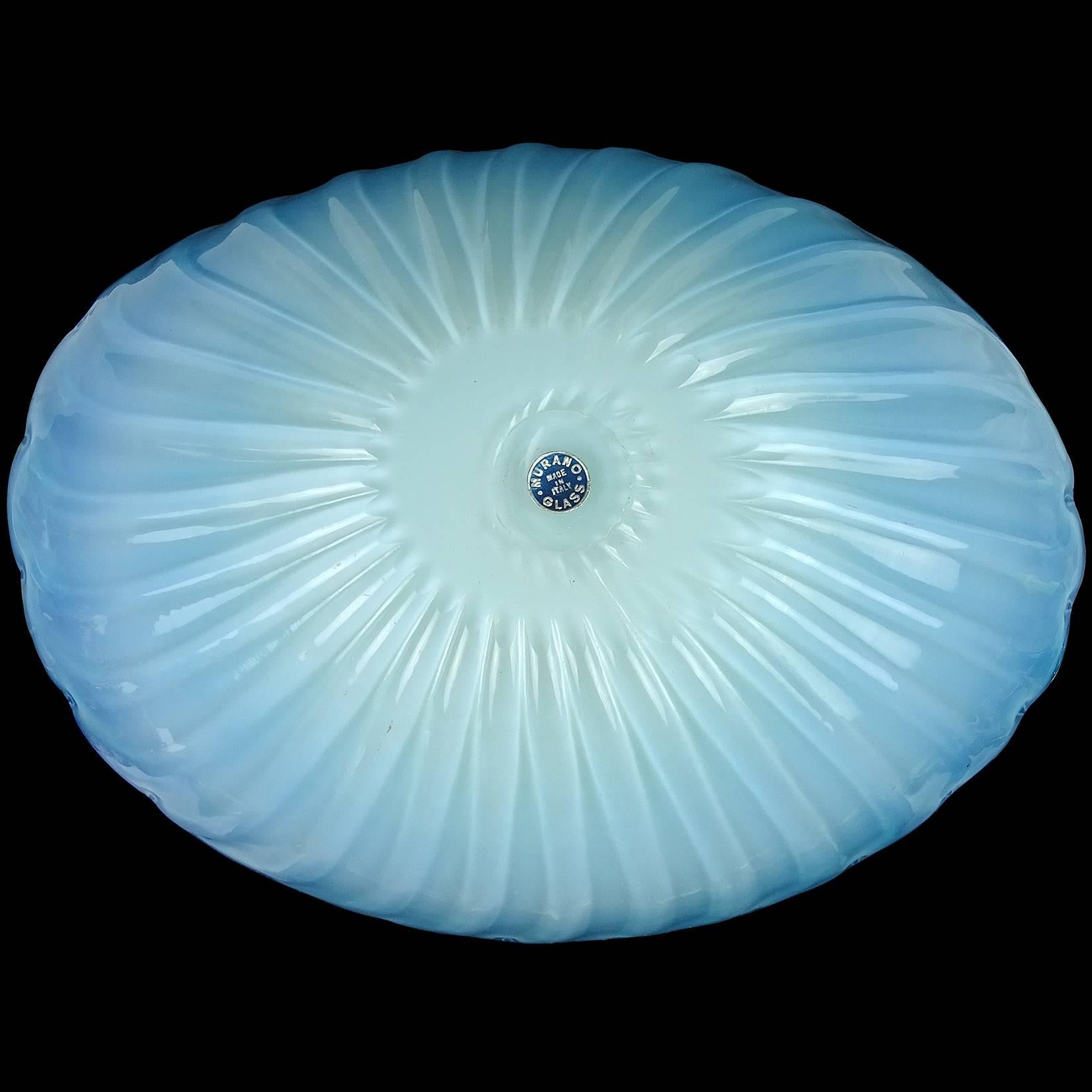 20th Century Murano Opalescent White Blue Italian Art Glass Shell Shape Centerpiece Bowl