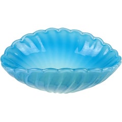 Murano Opalescent White Blue Italian Art Glass Shell Shape Centerpiece Bowl