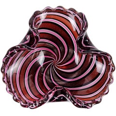 Murano Black Pink Copper Aventurine Ribbons Italian Art Glass Crimped Rim Bowl