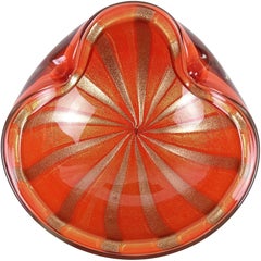 Alfredo Barbini Murano Orange Gold Aventurine Stripes Italian Art Glass Bowl 9
