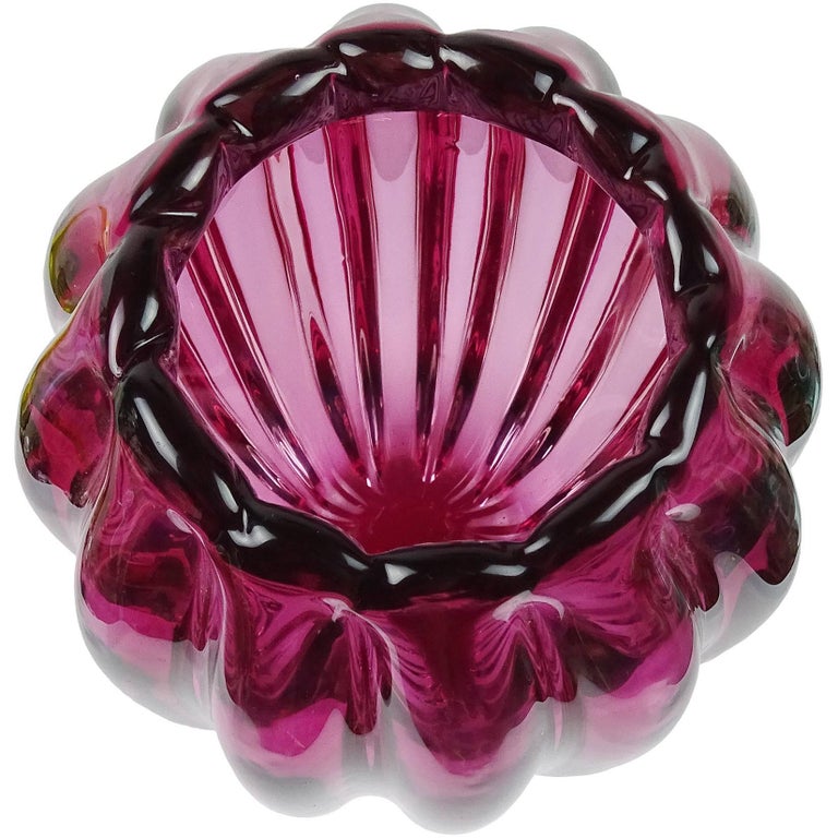 Alfredo Barbini Murano Sommerso Deep Pink Ribbed Italian Art Glass Vase ...
