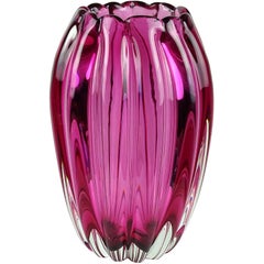 Alfredo Barbini Murano Sommerso Deep Pink Ribbed Italian Art Glass Vase