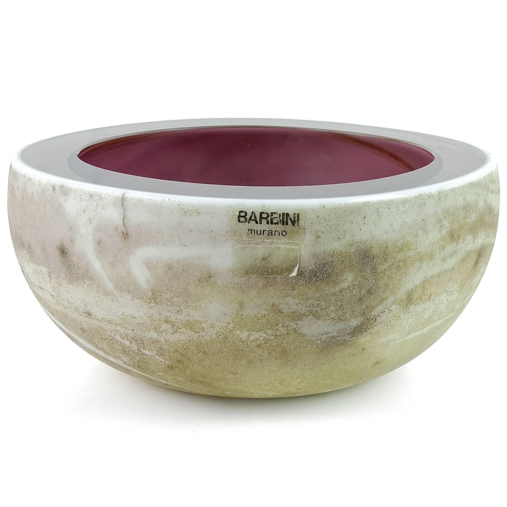 Mid-Century Modern Barbini Murano Purple Sommerso White Scavo Italian Art Glass Geode Cut Bowl