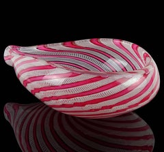 Fratelli Toso Murano Pink White Swirling Ribbons Italian Art Glass Bowl
