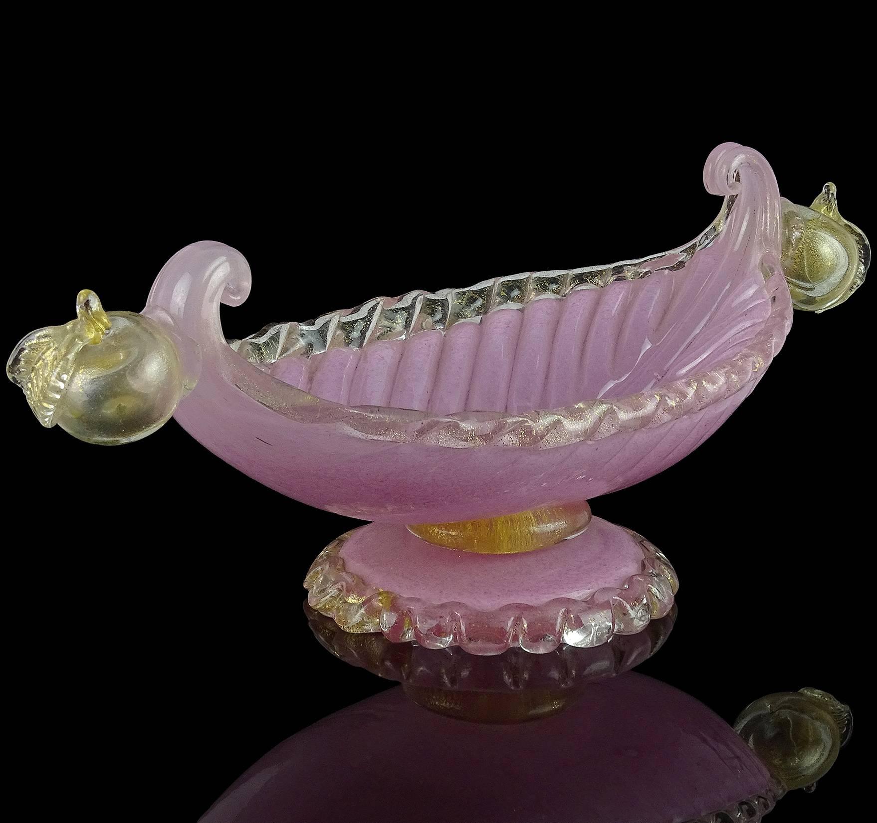 Mid-Century Modern Barovier Toso Murano Pink Gold Flecks Italian Art Glass Fruit Compote Bowl