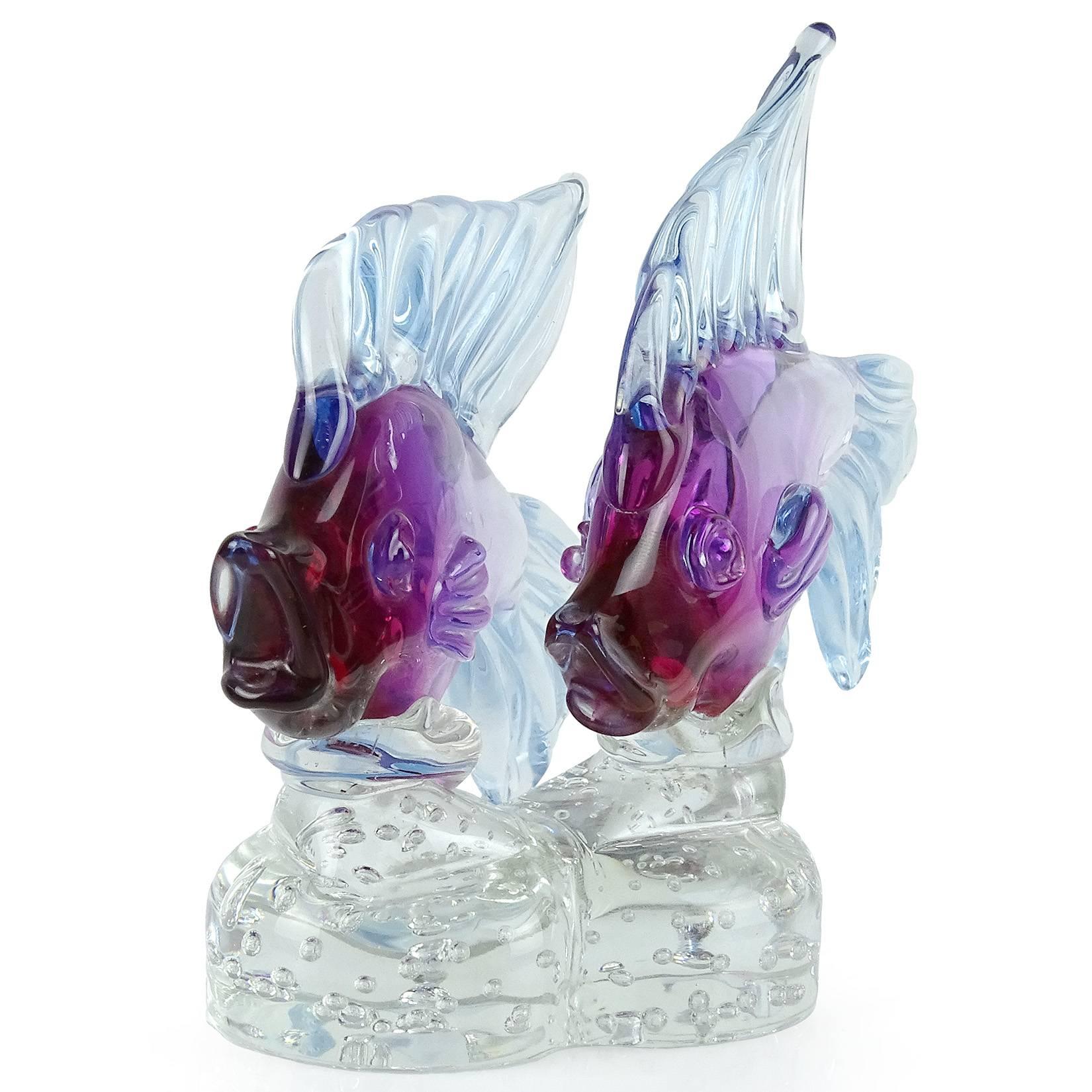 Hand-Crafted Barbini Murano Sommerso Red Purple Blue Italian Art Glass Double Fish Sculpture