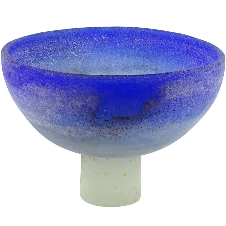Cenedese Murano Blue White Scavo Texture Italian Art Glass Compote Bowl