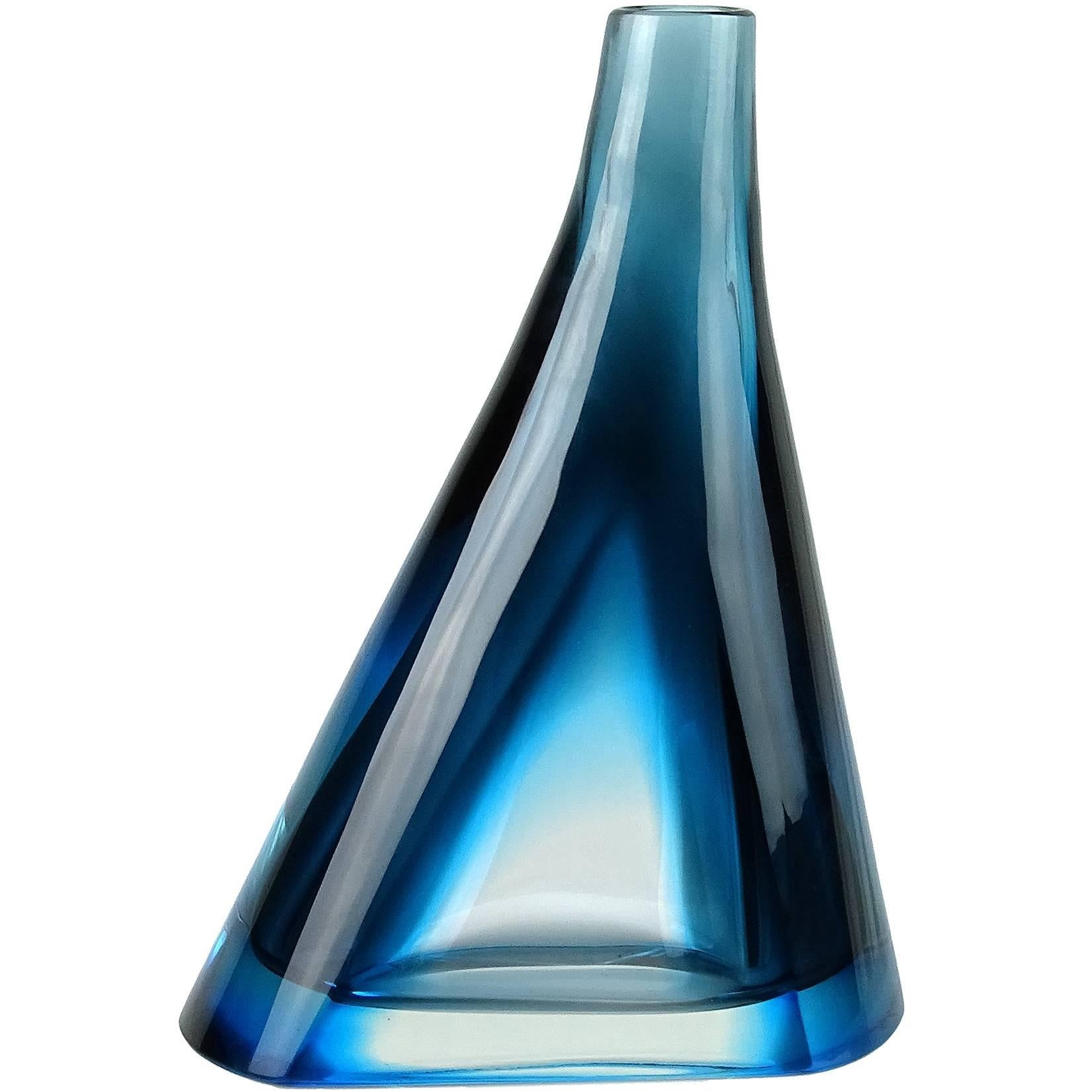 Salviati Murano Sommerso Cobalt Blue Italian Art Glass Cut Sides Flower Vase
