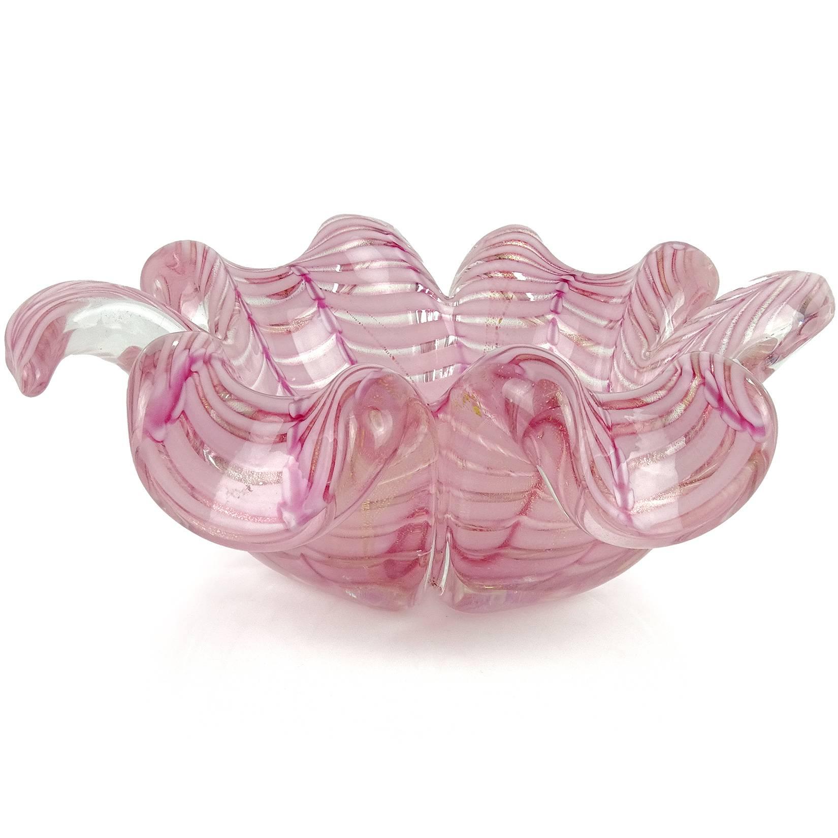 Beautiful Murano hand blown pink and gold flecks Italian art glass flower shaped bowl. Documented to designer Ercole Barovier for the Barovier e Toso company, circa 1960s. Created in the "Graffito" technique. The design looks like a