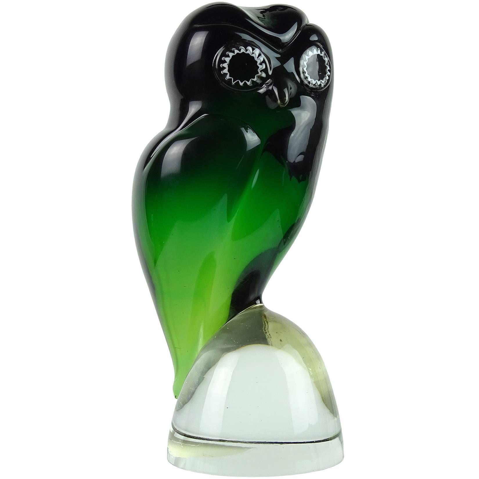 Salviati Murano Sommerso Green Murrine Eyes Italian Art Glass Owl Bird Sculpture