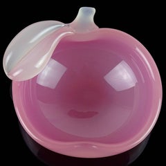 Archimede Seguso Murano Opal Pink White Italian Art Glass Apple Ring Dish Bowl