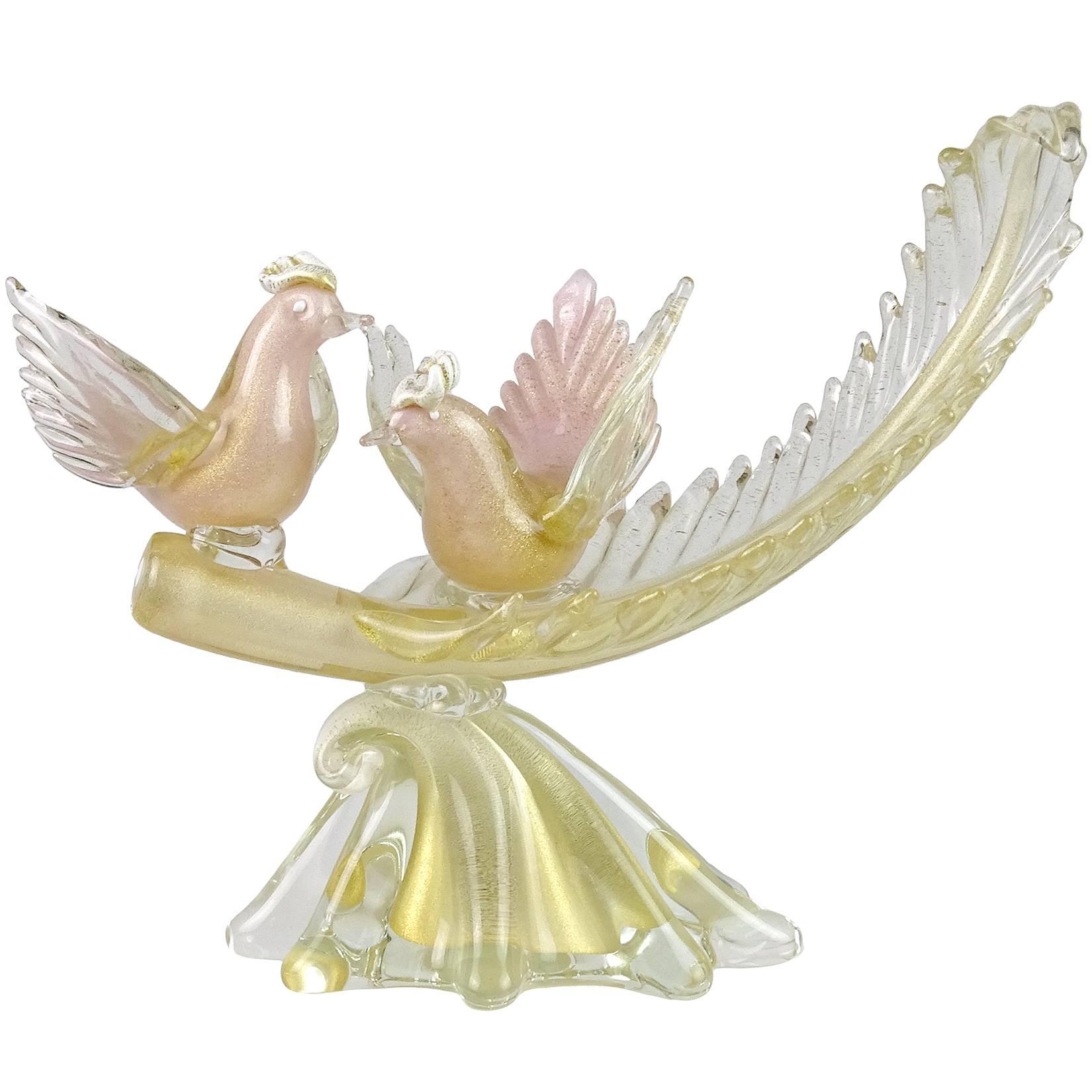 Alfredo Barbini Murano Pink Gold Flecks Italian Art Glass Birds Leaf Sculpture