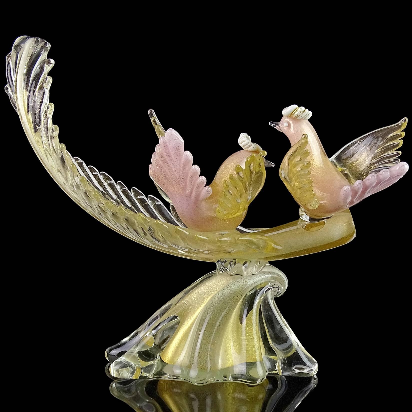 Hand-Crafted Alfredo Barbini Murano Pink Gold Flecks Italian Art Glass Birds Leaf Sculpture