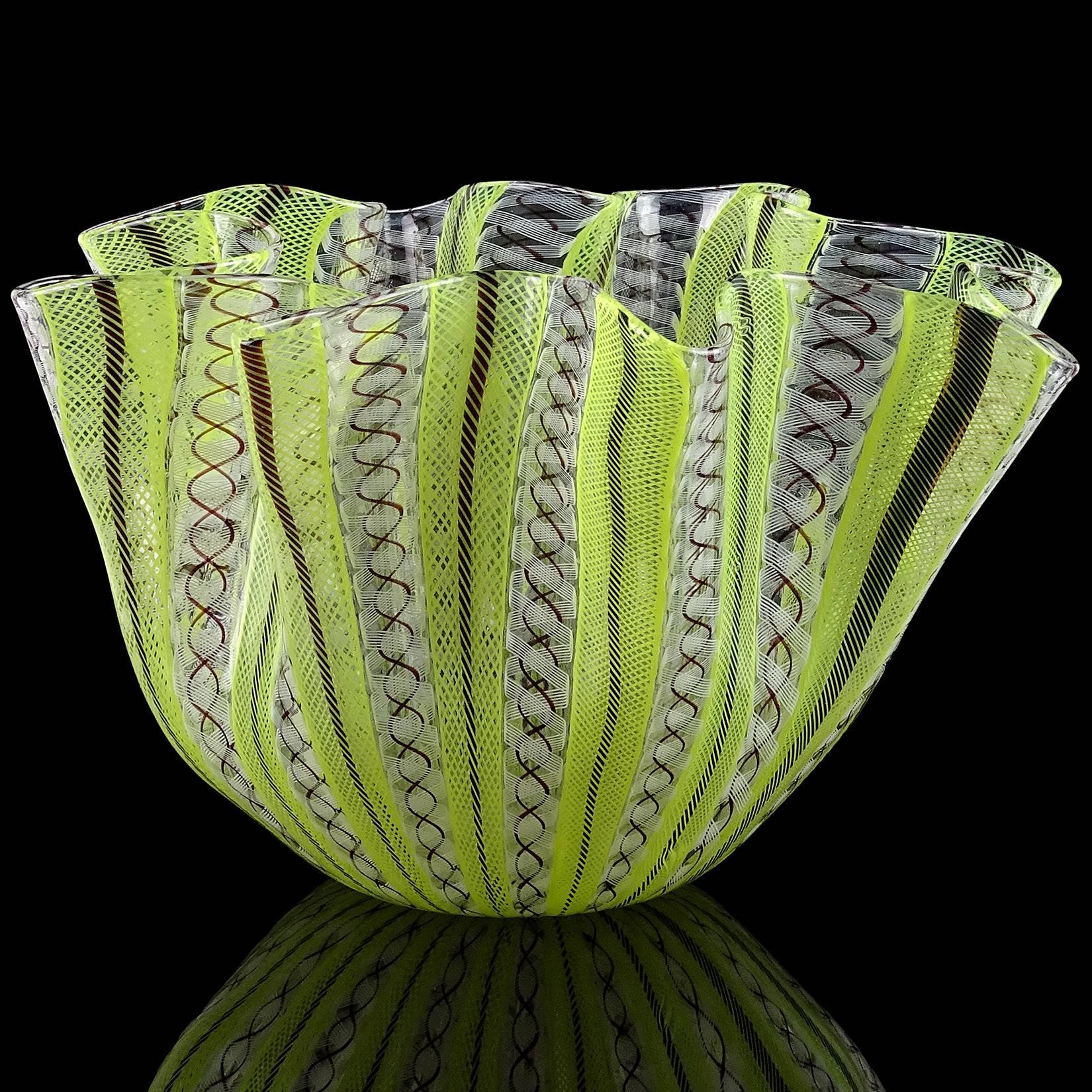 Gorgeous Murano hand blown yellow, white and dark purple Italian art glass fazzoletto / handkerchief vase. Documented to designers Paolo Venini and Fulvio Bianconi, and fully signed "Venini Murano Italia", circa 1950. Unusual color