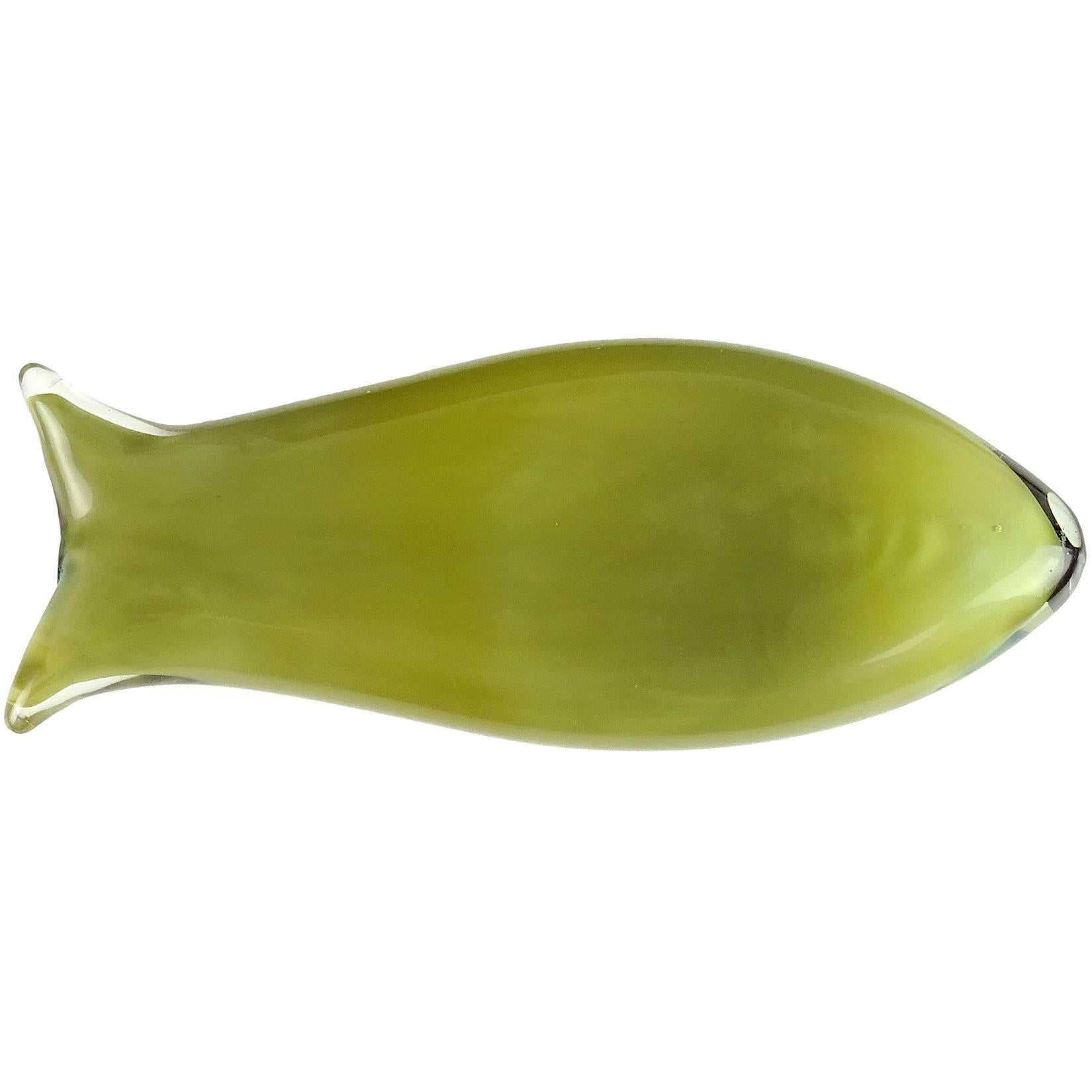 Mid-Century Modern Ken Scott Venini Murano Olive Green Italian Art Glass Fish Paperweight Sculpture