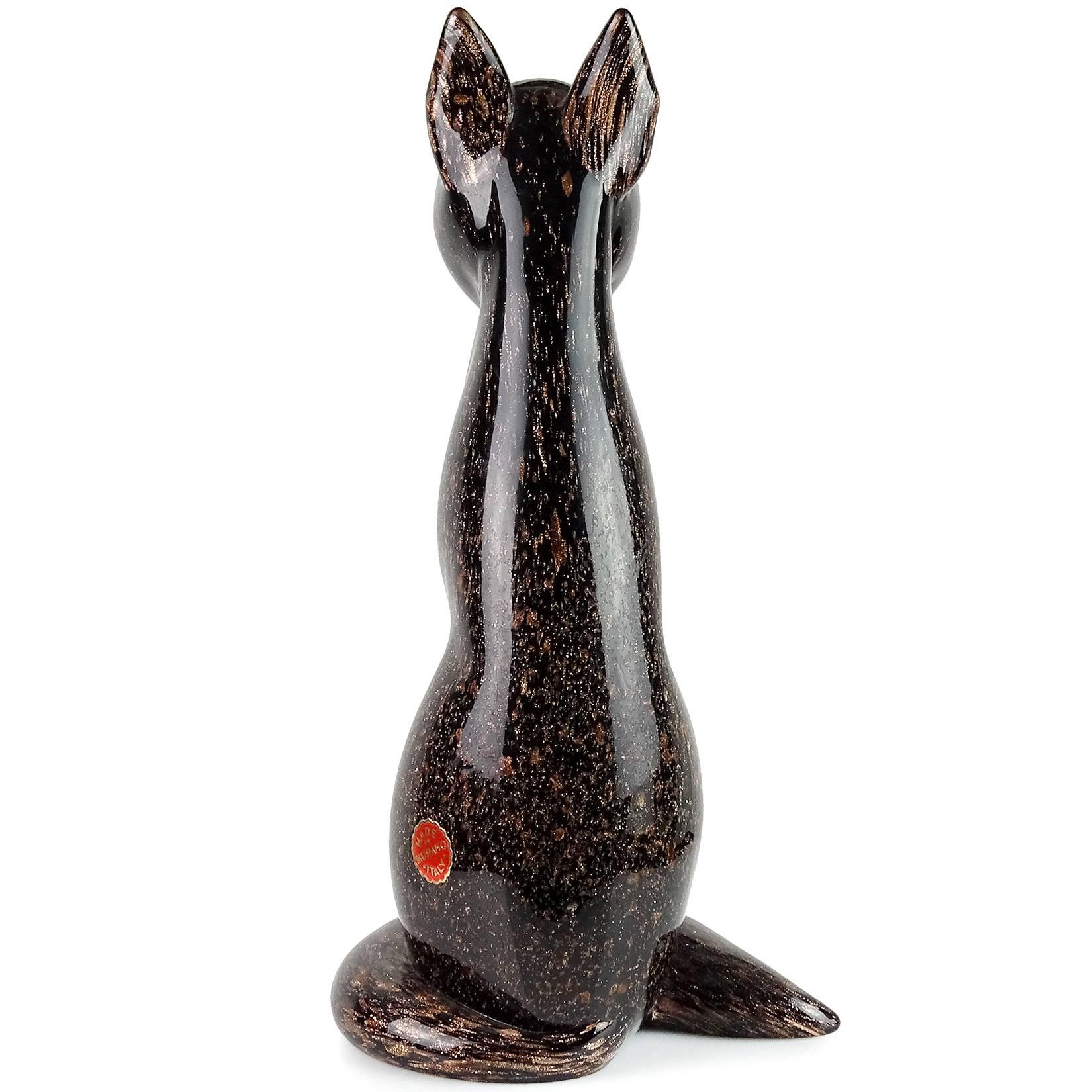 Hand-Crafted Archimede Seguso Murano Black Copper Flecks Italian Art Glass Cat Sculpture
