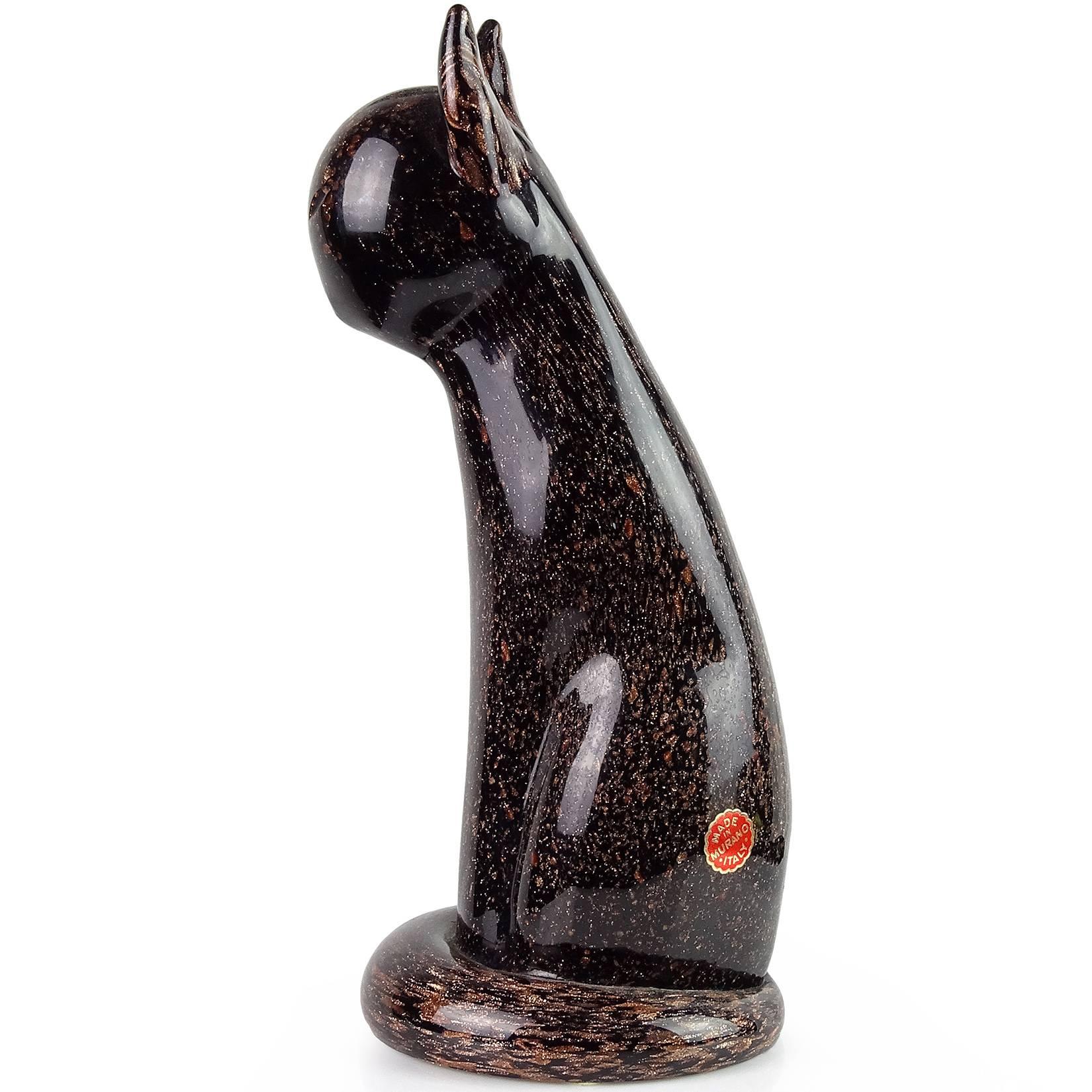 Mid-Century Modern Archimede Seguso Murano Black Copper Flecks Italian Art Glass Cat Sculpture