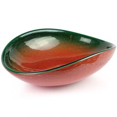 Murano Orange Green Gold Flecks Italian Art Glass Bubble Centerpiece Bowl