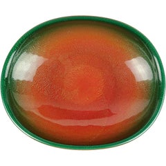 Murano Orange Green Gold Flecks Italian Art Glass Bubble Centerpiece Bowl